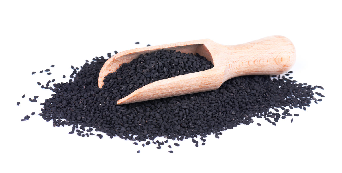 Svartkumminfrön (Nigella sativa) i träskopa mot vit bakgrund