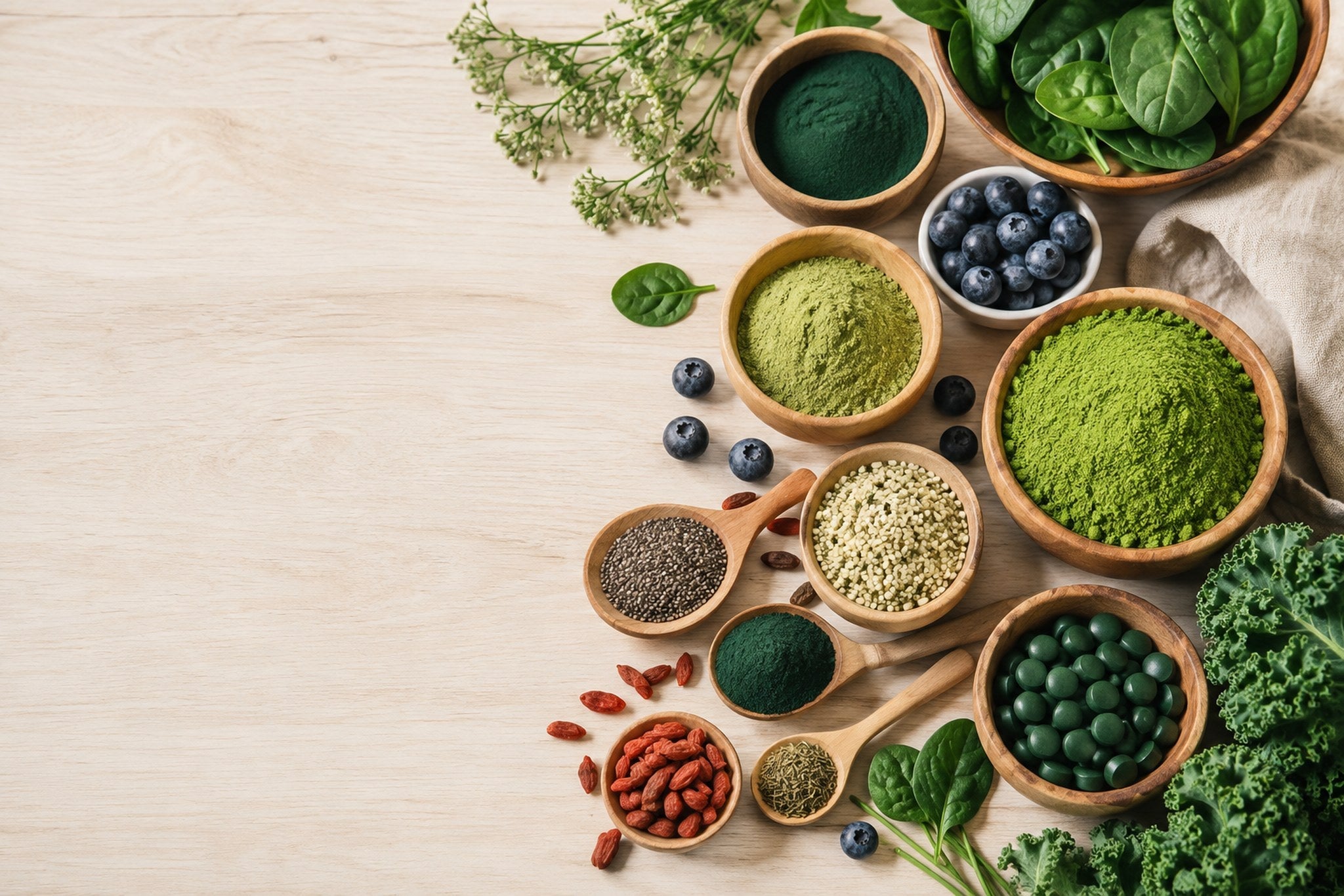 Naturliga superfoods – gröna pulver (spirulina, vetegräs, chlorella), blåbär, goji, frön och blad i träskålar – kategori Superfoods & Greens hos pH-balans
